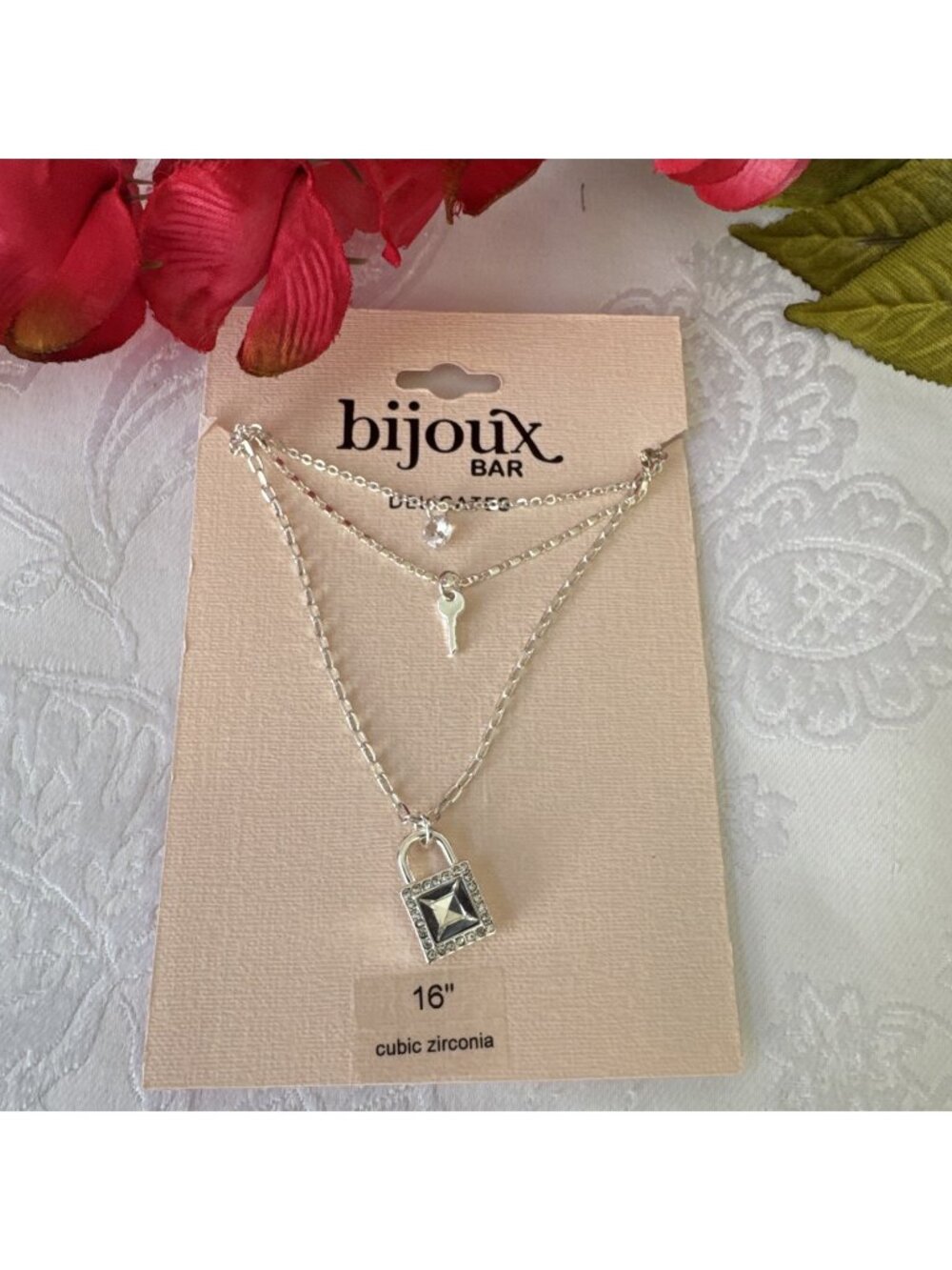 Bijoux Delicates Silvertone 3 Chain Lock Key CZ Charm Layered 16" Necklace NEW